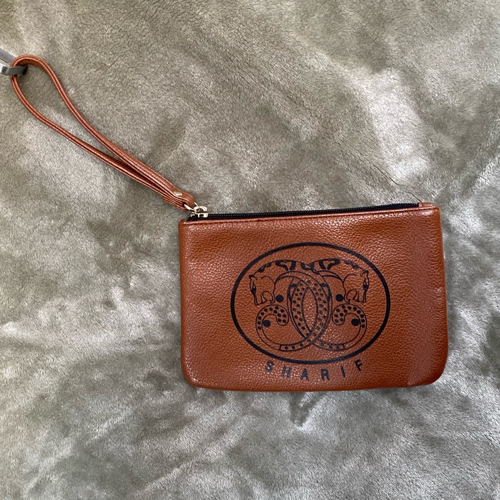 Sharif Like-New Double Jaguar Logo Vegan Leather Tan Wristlet